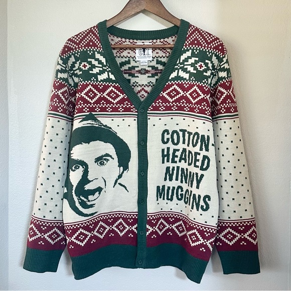ELF MOVIE L M Unisex Cotton Headed Ninny Muggins Ugly Christmas Sweater Cardigan - Picture 3 of 13